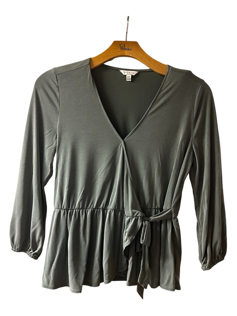 Lucky Brand green wrap blouse with tie waist, Size M #blouse #wrap